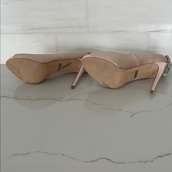 Badgley Mischka Kiara Satin Rhinestone Embellished Nude Heels - Picture 12 of 13